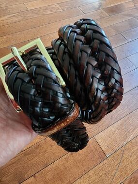 AJA Braided Belt Men Size 38/95 Brown Bonded Leather Gold Tone Hardware Classic